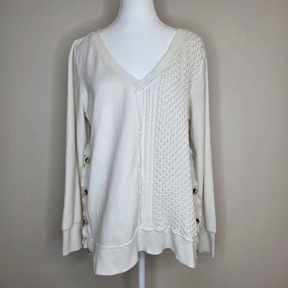 Saturday Sunday Anthropologie Cream Mixed Media Cable Knit‎ Button Side Top LP